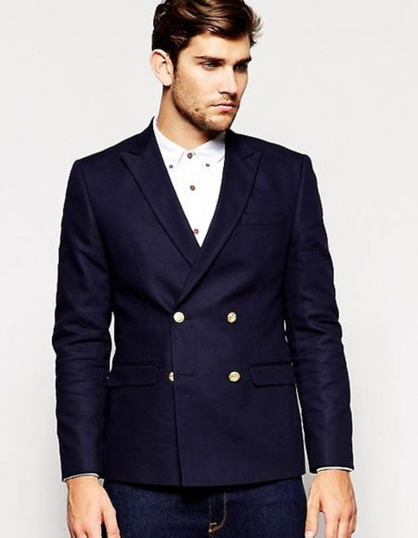 Black Or Navy Blue Men's Double Breasted Suits Jacket Slim Fit 4 Buttons Style Fabric Blazer Sport Coat