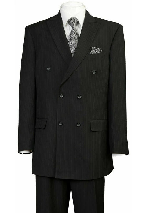 Mens Black Double Breasted Suit - Mens Classic Double Breasted Peak lapel Suit in Black Pinstripe