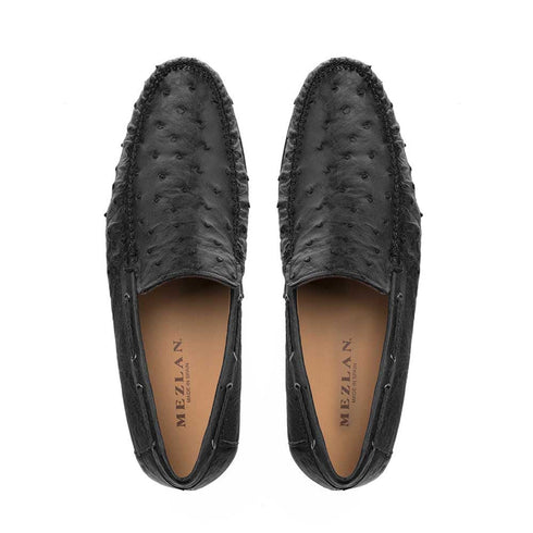 Genuine Ostrich Black Moccasin Slip-on Loafers For Men By Mezlan Made In Spain Brand