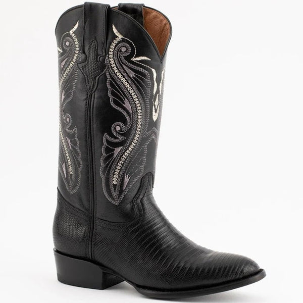 Ferinni Boot - Mens Dress Cowboy Boot  - Ferrini Men's Taylor Lizard Round Toe Handcrafted - Black in  Black