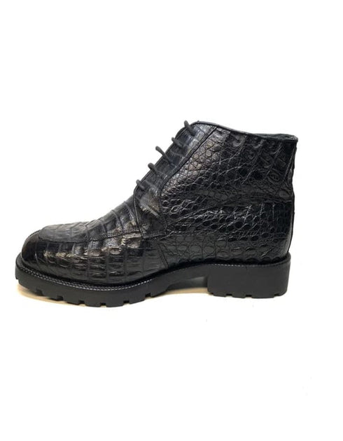 Los Altos Black All-Over Crocodile Belly Lace Up Ankle Boots