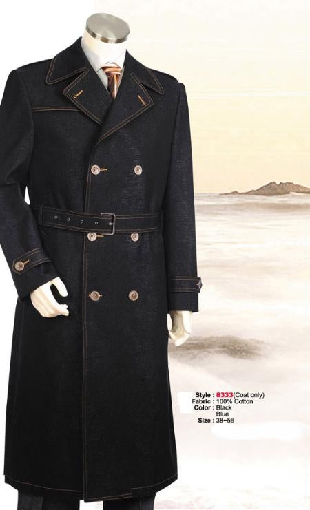 Full Length Belted Style Mens Raglan Overcoat - Wool Fabric Belted Fabric Black Coat