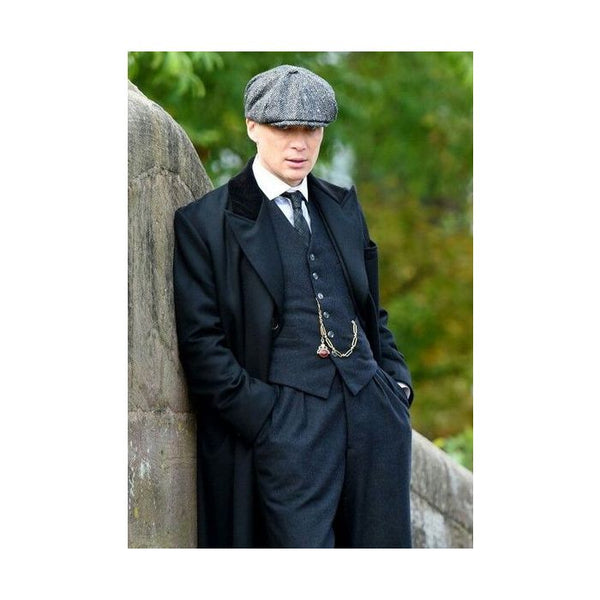 Men's Black Collar Viscose Lining Peaky Blinders Suit - Peaky Blinders Outfit + Overcoat + Hat (Peaky Blinder Custome)