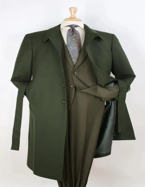 Mens Black Diamond Solid Green 100% Wool Gabardine Belted Duster Overcoat