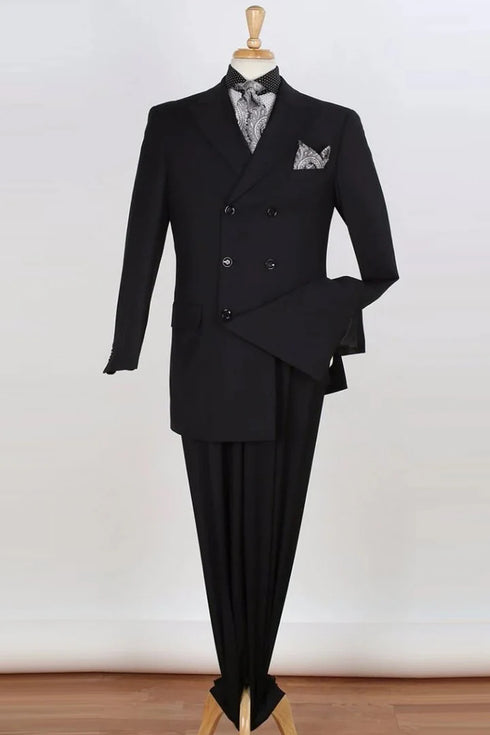 Mens Black Double Breasted Suit - Mens Three Quarter Length Double Breasted Fashion Suit in Black