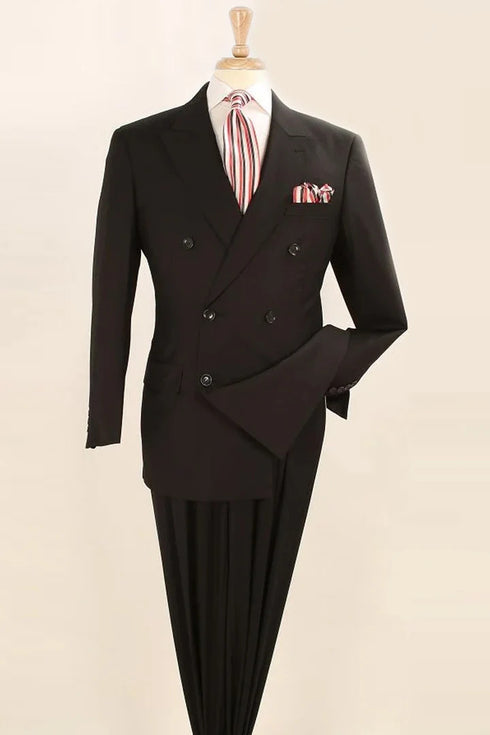 Mens Black Double Breasted Suit - Mens Classic Double Breasted Luxury Wool Feel Suit in Black