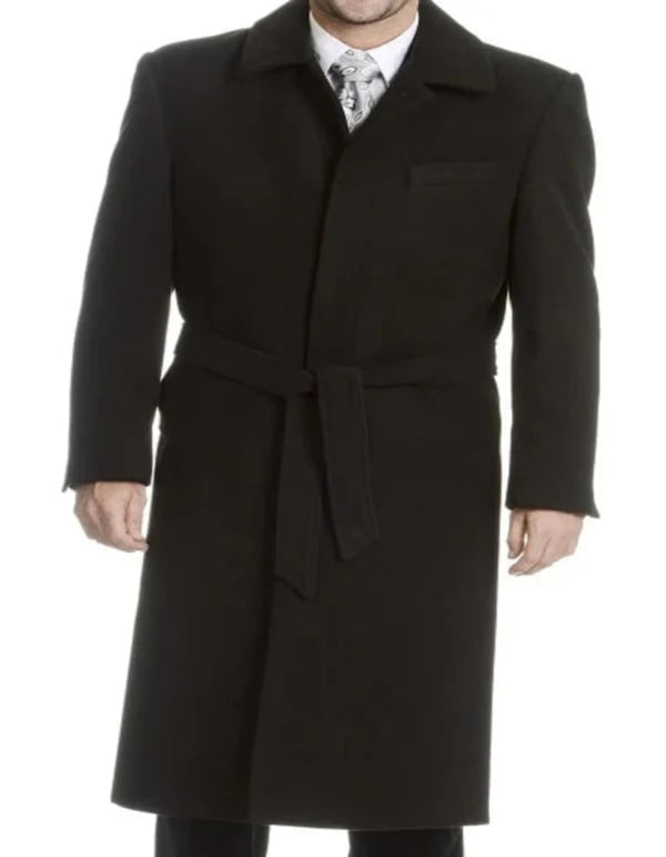 Mens Black Falcone Belted Top Coat Full Length Long Coat