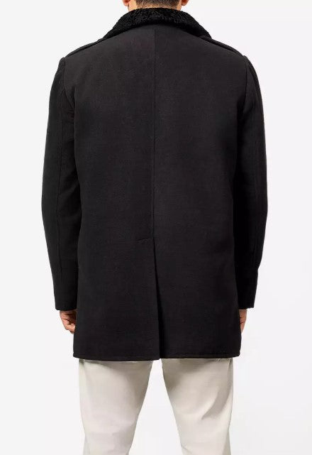 Mens Peacoat With Fur Collar - Black Wool Button Coat