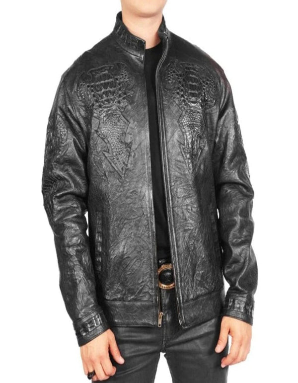 Fine Leather Black Jacket with Crocodile Applications