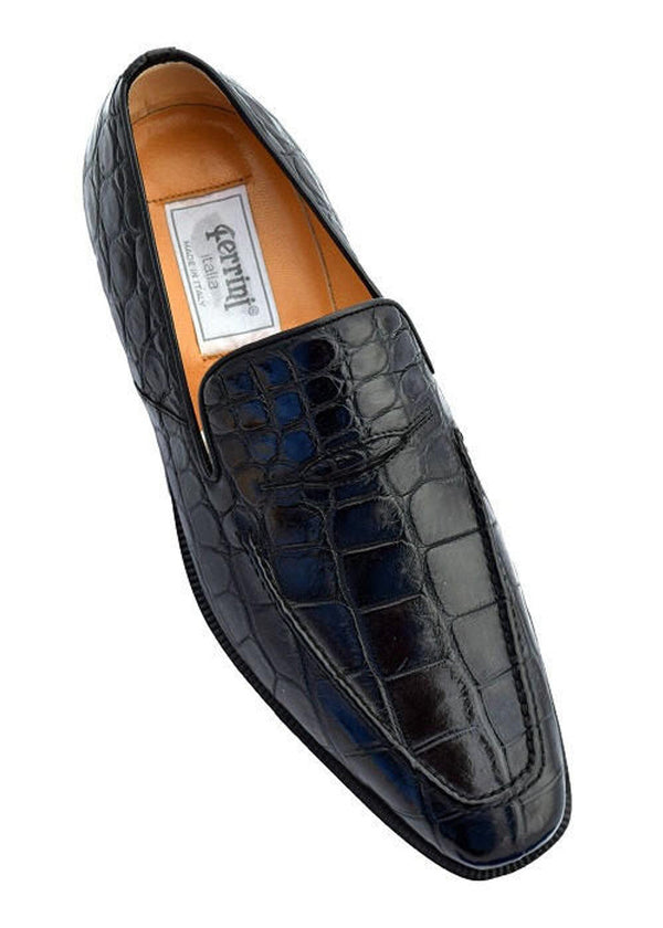 Italian Crocodile Skin Shoes by Ferrini Mens Black Unique Leather Loafers