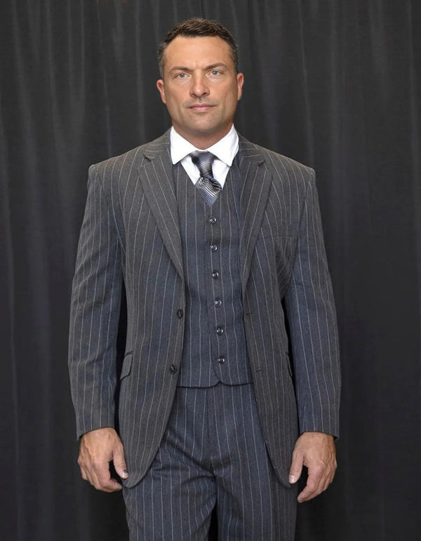 Mens Vested Gatsby Suit Pinstripe Black Regular Fit Venetian