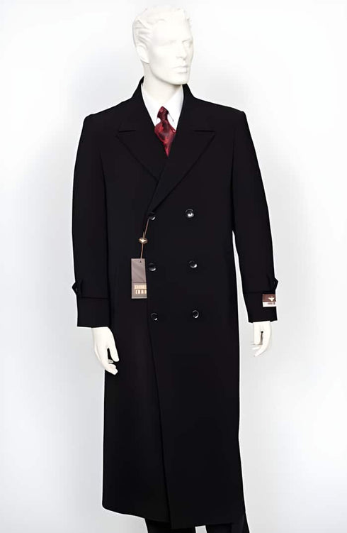 Men's Black Double Breasted Full Length Coat Duster Maxi Coat