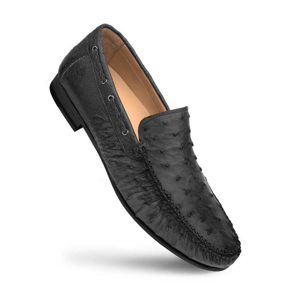 Genuine Ostrich Black Moccasin Slip-on Loafers For Men By Mezlan Made In Spain Brand