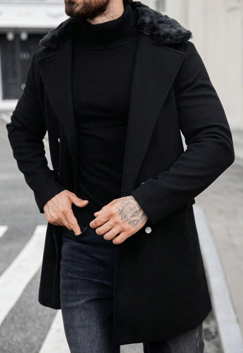 Mens Peacoat With Fur Collar - Black Wool Double Breasted Coat