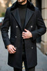 Mens Peacoat With Fur Collar - Black Wool Double Breasted Coat