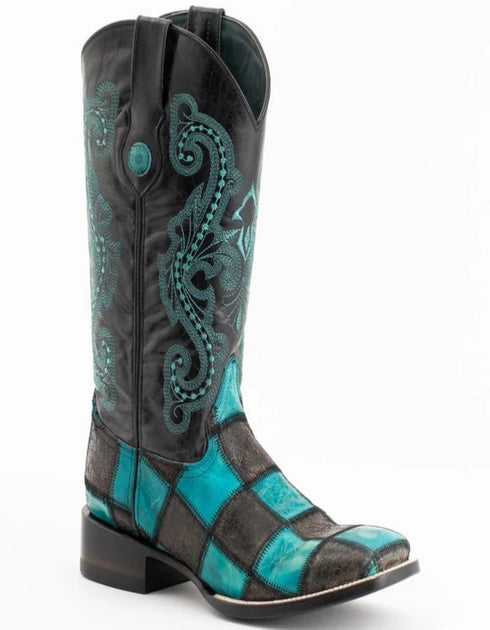 Ferrini Men's Patchwork Square Toe Boots Handcrafted - Black and Teal Boots