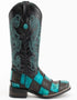 Ferrini Men's Patchwork Square Toe Boots Handcrafted - Black and Teal Boots