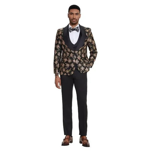 2025 Black & Pink Shiny Floral Mens 3pc Suit by Tazzio