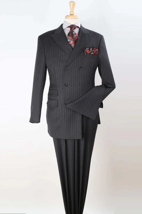 Mens Black Double Breasted Suit - Mens Three Quarter Length Double Breasted Fashion Wool Vested Suit in Black Pinstripe