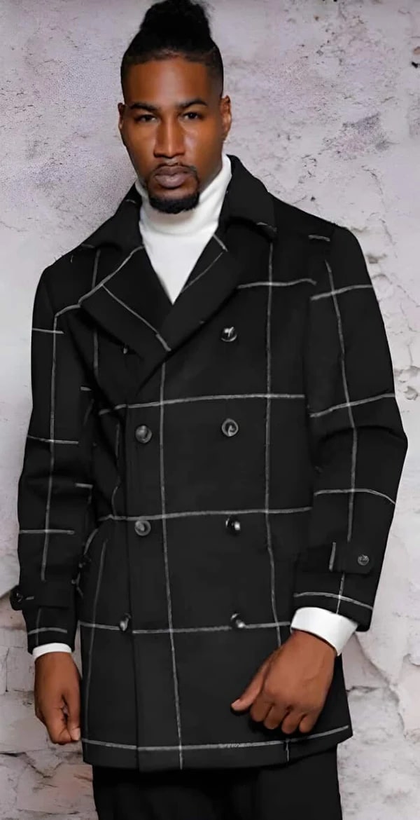 Mens Plaid Overcoat - Wool Peacoat - Black Plaid Topcoat