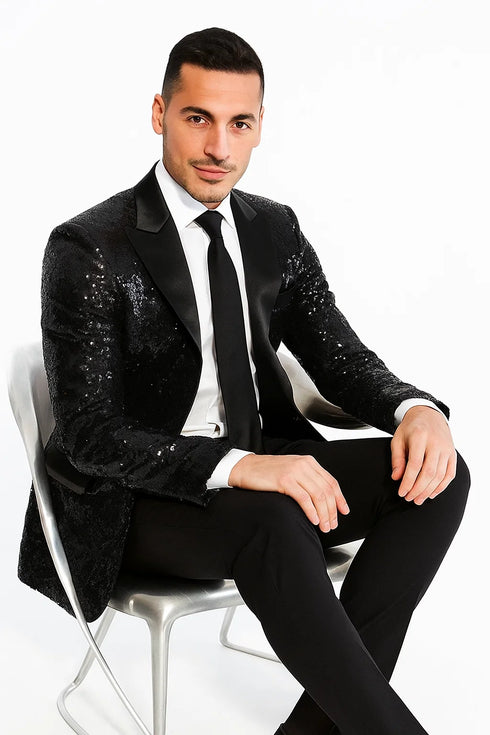 Black Sequin Tuxedo Blazer