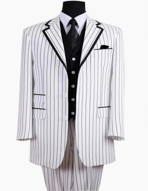 Mens Three Button Vested Barbershop White with Black Pinstripe Suit