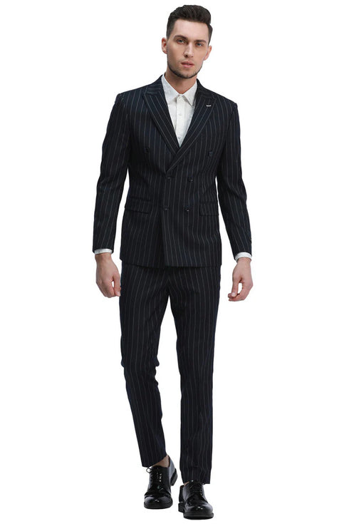 Mens Black Double Breasted Suit - Mens Slim Fit Double Breasted Bold Gangster Pinstripe Suit in Black