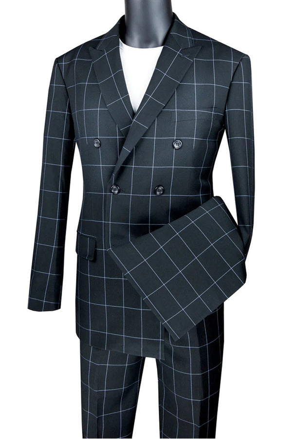 Mens Black Double Breasted Suit - Mens Double Breasted Bold Windowpane Plaid Suit in Black