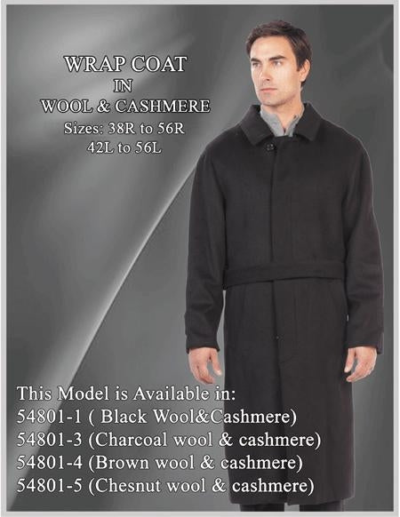 Full Length Belted Style Mens Raglan Overcoat - Wool Fabric Belted Black Coat