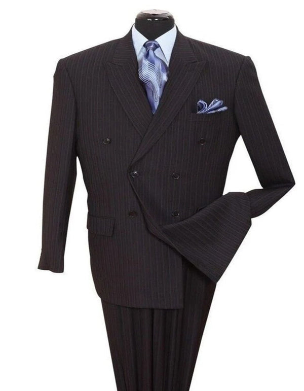 Pleated Dress Men Suits - Mens Classic Double Breasted Smooth Pinstripe Black Suit