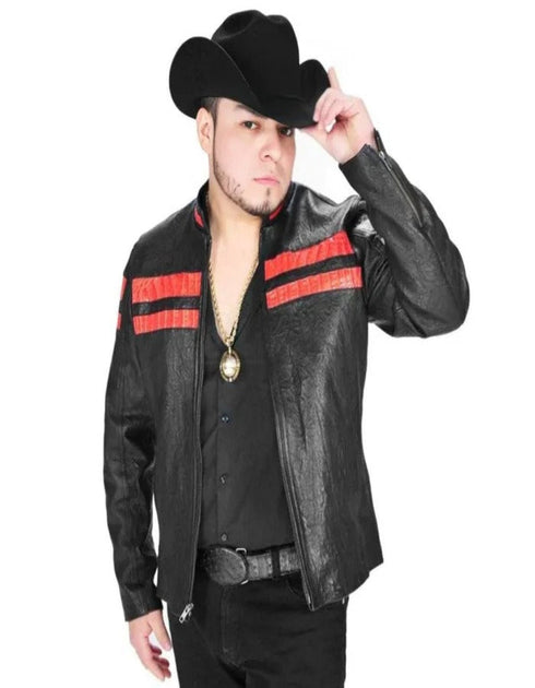 Fine Leather Black and Red Jacket with Crocodile Applications