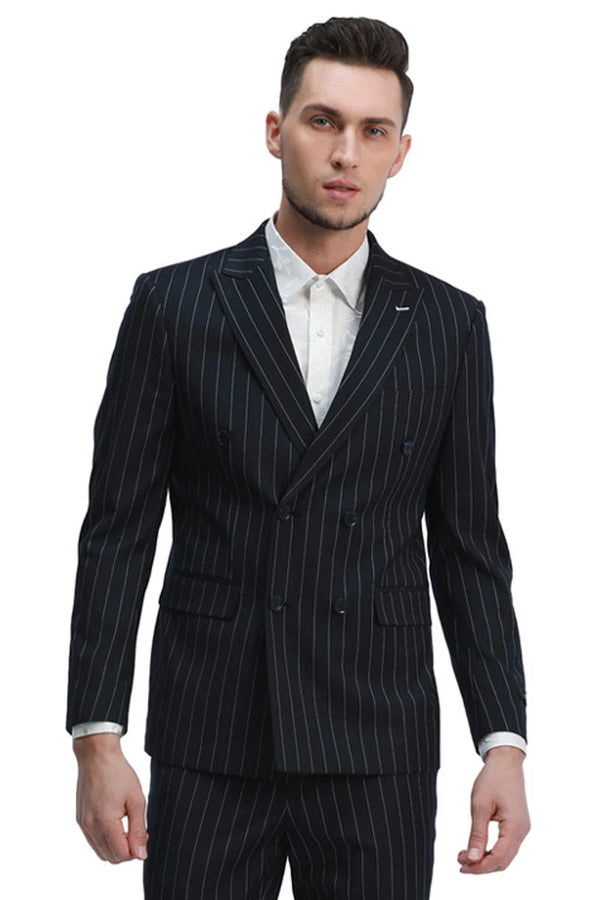 Men's Slim Fit Double Breasted Bold Gangster Pinstripe Suit In Black