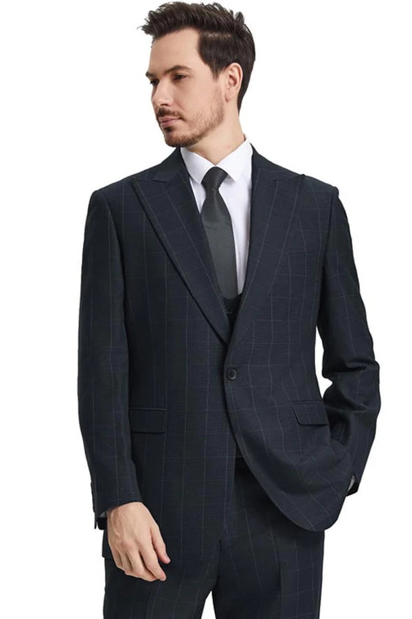 Men's Stacy Adams Peak Lapel Black Windowpane Plaid Suit With A Scoop Neck Vest