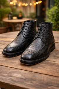 Los Altos Black All-Over Crocodile Belly Lace Up Ankle Boots
