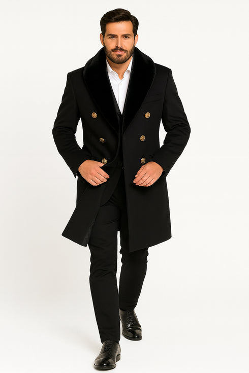 Men’s Black Double-Breasted Overcoat with Faux Fur Collar and Gold Buttons