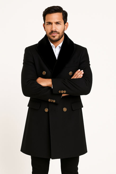 Men’s Black Double-Breasted Overcoat with Faux Fur Collar and Gold Buttons