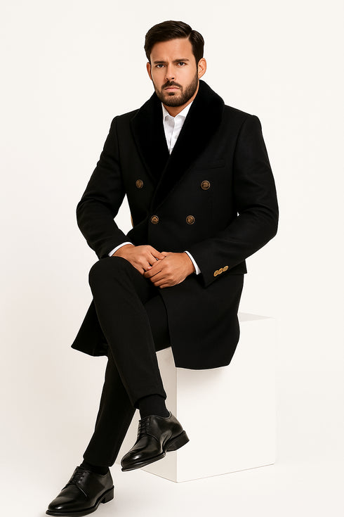 Men’s Black Double-Breasted Overcoat with Faux Fur Collar and Gold Buttons
