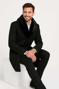 Mens Black Wool Overcoat with Black Faux Fur Collar – Luxury Winter Dress Coat