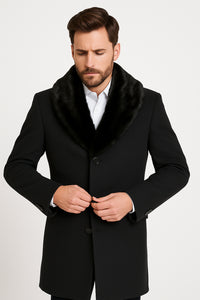 Mens Black Wool Overcoat with Black Faux Fur Collar – Luxury Winter Dress Coat