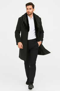 Mens Black Wool Overcoat with Black Faux Fur Collar – Luxury Winter Dress Coat