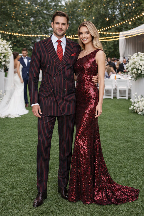 Black and Red Pinstripe Double breasted Suit - 100% Wool Modern Fit Side Vents by Statement brand