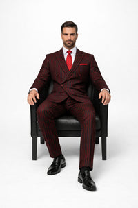 Black and Red Pinstripe Double breasted Suit - 100% Wool Modern Fit Side Vents by Statement brand