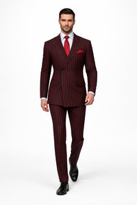 Black and Red Pinstripe Double breasted Suit - 100% Wool Modern Fit Side Vents by Statement brand
