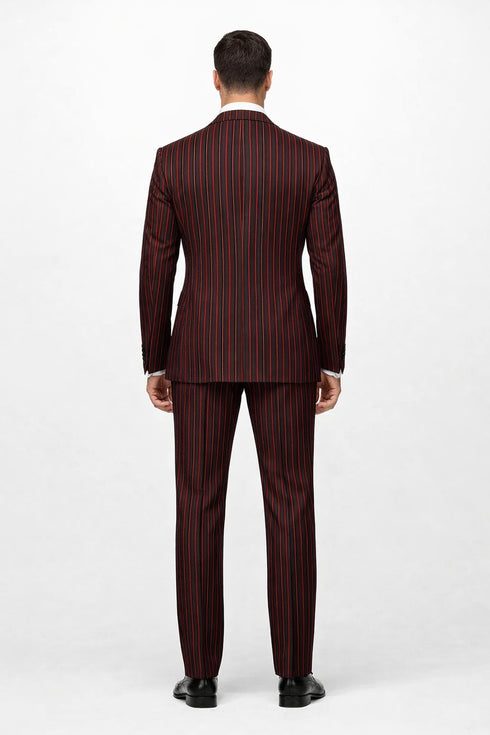 Black and Red Pinstripe Double breasted Suit - 100% Wool Modern Fit Side Vents by Statement brand