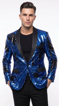 Men’s Royal Blue and Black Reversible Sequin Blazer, 1 Button Shiny Formal Party Jacket