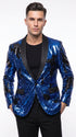 Men’s Royal Blue and Black Reversible Sequin Blazer, 1 Button Shiny Formal Party Jacket