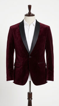 Men’s Burgundy Velvet Dinner Jacket, Designer Black Satin Shawl Lapel Tuxedo Blazer for Weddings, Prom and Formal Events
