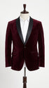 Men’s Burgundy Velvet Dinner Jacket, Designer Black Satin Shawl Lapel Tuxedo Blazer for Weddings, Prom and Formal Events