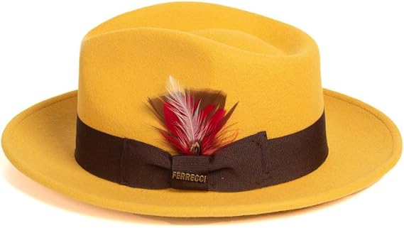 Gangster 100% Austrailian Wool Crushable Mens Fedora Hat - Removable Feather Gangster Mustard Mens Fedora Hat