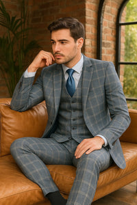 Mens Blue Windowpane Checkered Slim Fit Suit – 3 Piece Stretch Business Suit
